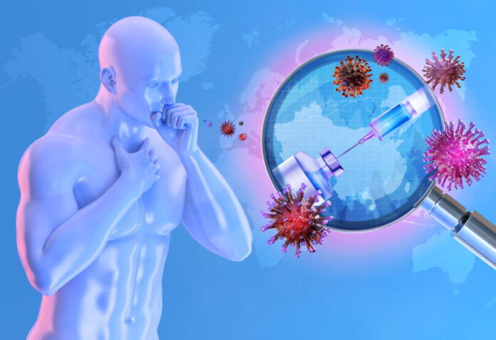 A respiratory pathogen infecting human lungs, patient coughing.